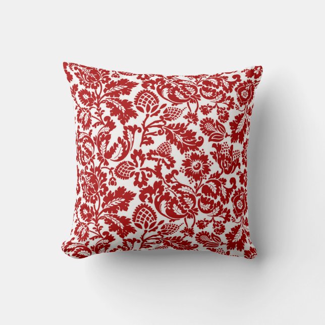 Coussin William Morris Floral Damask, Deep Red and White (Recto)