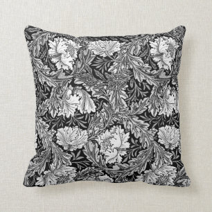 Coussin William Morris floral, noir, blanc et gris/gris