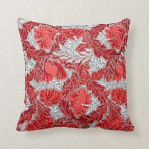 Coussin William Morris floral, rouge-foncé et gris/gris