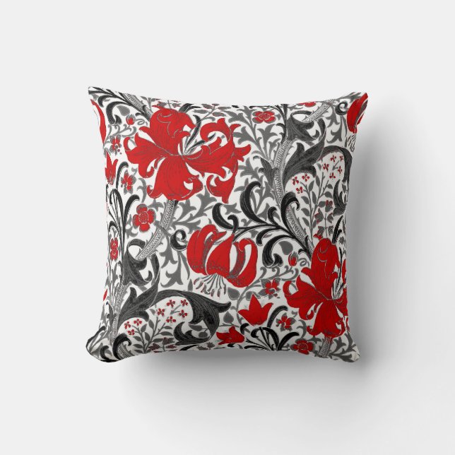 Coussin William Morris Iris et Lily, noir, blanc et rouge (Recto)