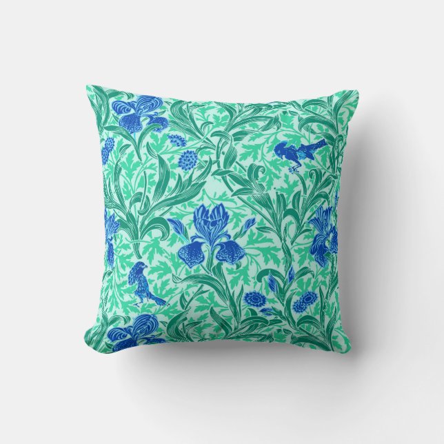 Coussin William Morris Irises, Bleu de Cobalt, Aqua et Tur (Recto)