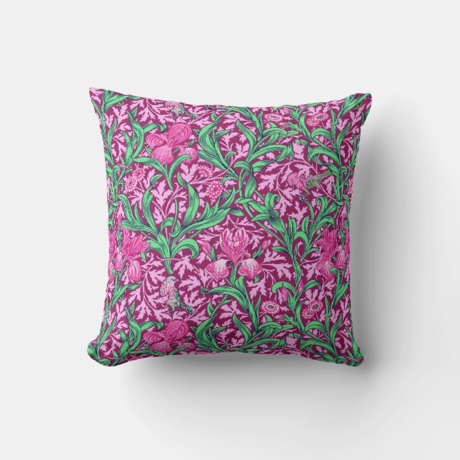 Coussin William Morris Irises, Fuchsia Pink and Wine (Recto)