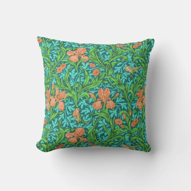 Coussin William Morris Irises, Orange et Turquoise (Recto)