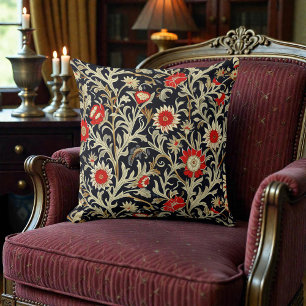 Coussin William Morris Rouge sur Fond Noir Motif Floral