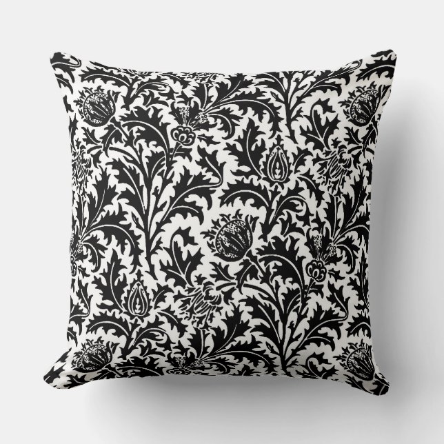 Coussin William Morris Thistle Damask, noir sur blanc (Recto)