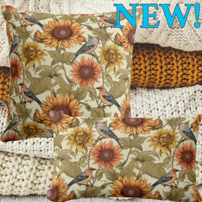 Coussin William Morris Tournesols d'automne Oiseaux Automn (Créateur téléchargé)