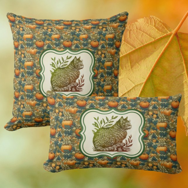 Coussin William Morris Vintage Citrouilles d'automne avec  (Cats in the pumpkin patch!)