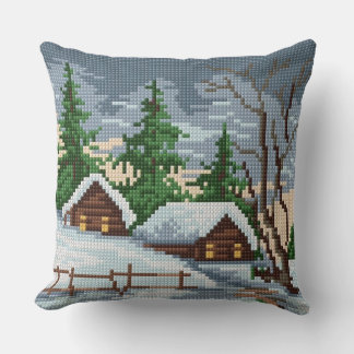 Coussin Winter Cabin Cross Stitch Style Throw Pillow