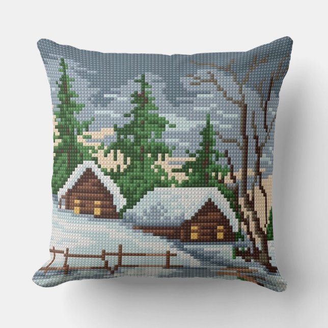 Coussin Winter Cabin Cross Stitch Style Throw Pillow (Recto)