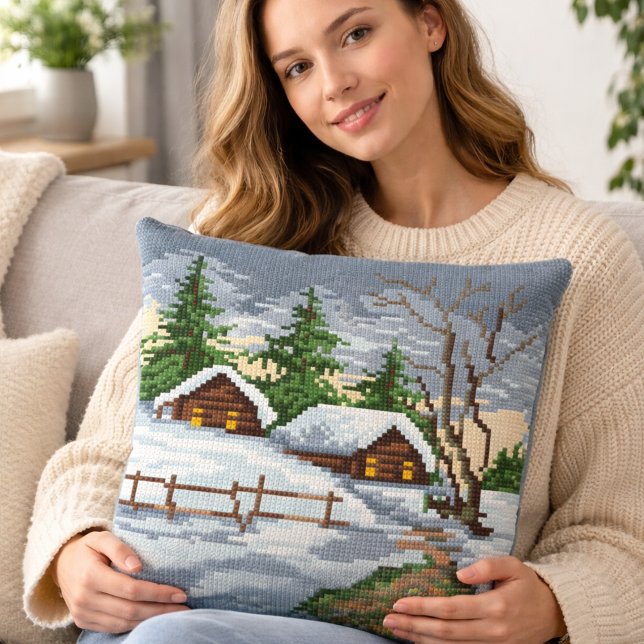 Coussin Winter Cabin Cross Stitch Style Throw Pillow (Créateur téléchargé)