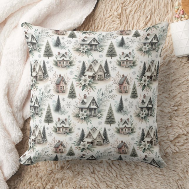 Coussin Winter Cottage Snowfall Pattern (Couverture)