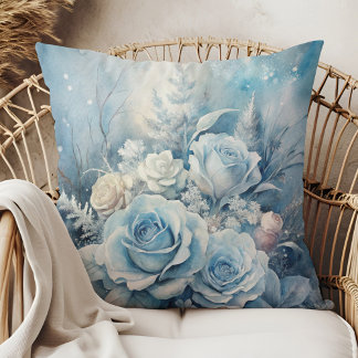 Coussin Winter Magic Blue Rose Floral Pillow
