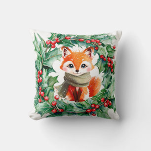 Coussin Winter Red Fox Green Berries Baby shower Cadeau
