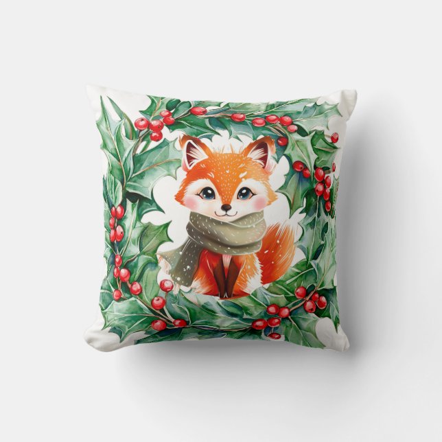 Coussin Winter Red Fox Green Berries Baby shower Cadeau (Recto)