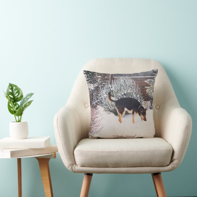 Coussin Winter snow scene with cute black and tan dog (Chaise)