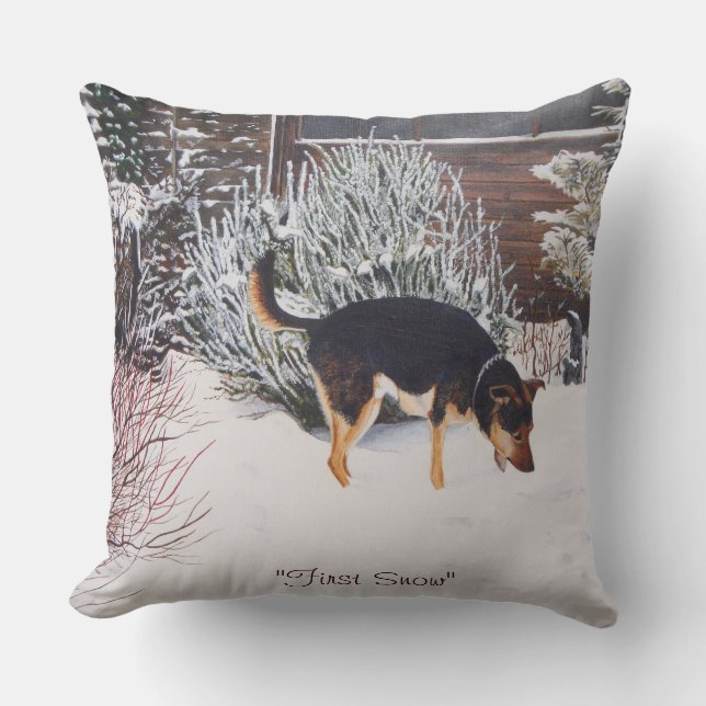 Coussin Winter snow scene with cute black and tan dog (Recto)