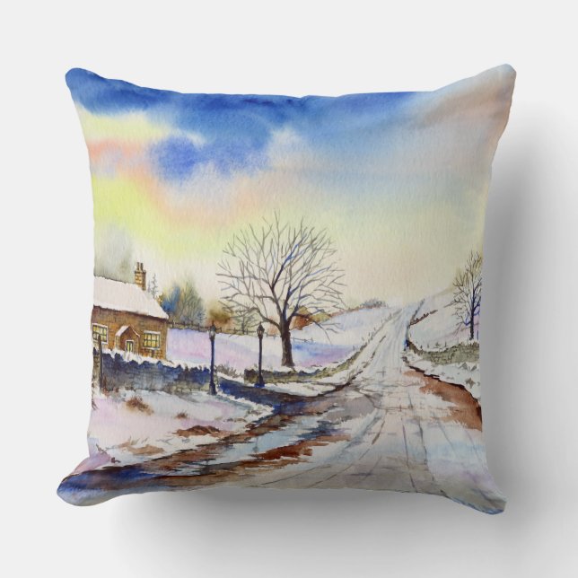 Coussin Wintery Lane Watercolor (Recto)