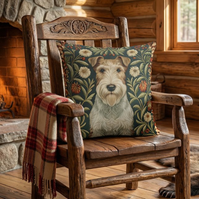 Coussin Wire Fox Terrier in William Morris Floral Style (Approximates 20 inch size.)