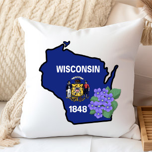 Coussin Wisconsin Drapeau et Fleur Bleu Violet Nom personn