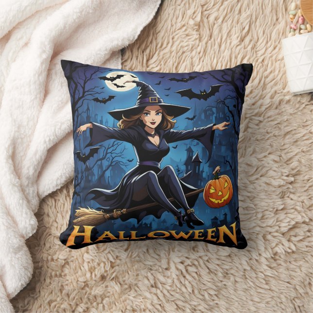 Coussin Witch survole la ville hantée d'Halloween (Couverture)
