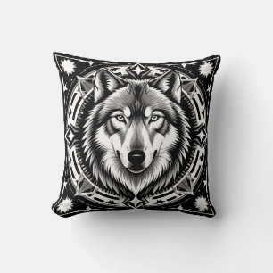 Coussin Wolf dans un mandala géométrique et décoratif