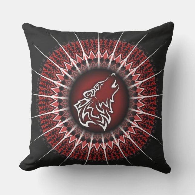 Coussin Wolf Et Mandala Rouge Blanc Noir Moderne (Recto)