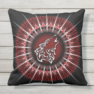 Coussin Wolf Et Mandala Rouge Blanc Noir Moderne
