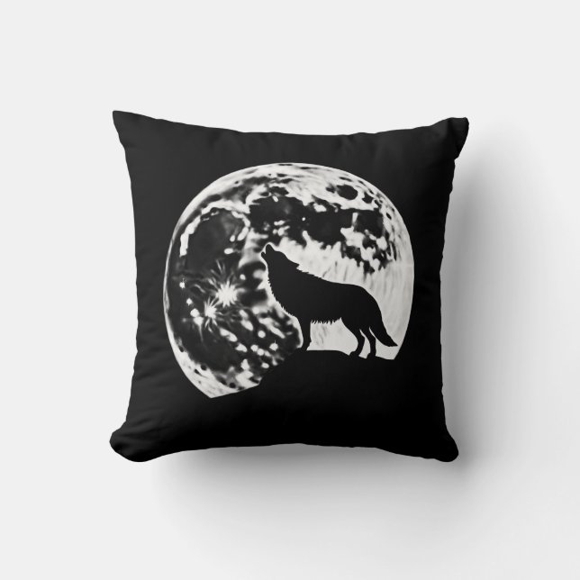 Coussin Wolf Howling Silhouetté contre une Pleine lune (Recto)