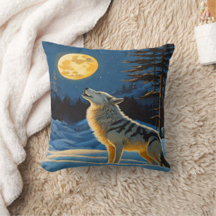Coussin Wolf Howling sous Pleine lune dans le paysage hive