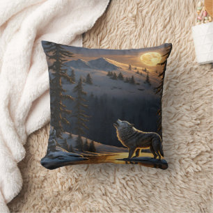 Coussin Wolf Howling Under a Pleine lune in Winter Landsca