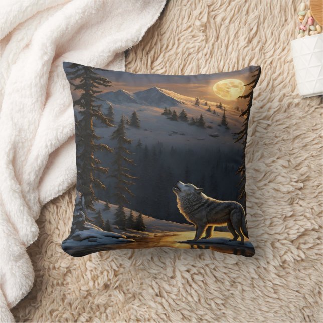 Coussin Wolf Howling Under a Pleine lune in Winter Landsca (Couverture)