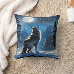 Coussin Wolf Howling Under Pleine lune dans la forêt de ne