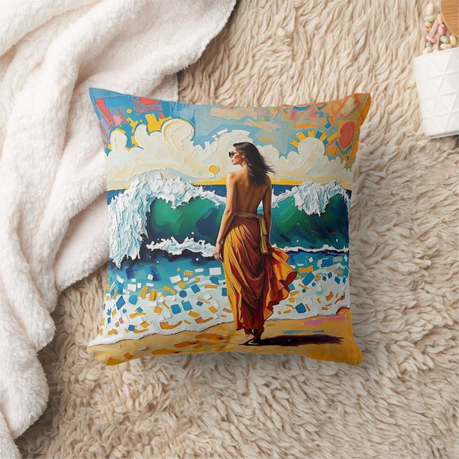 Coussin Woman on Beach Abstract Seaside Art Personalized (Couverture)