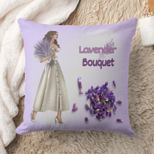 Coussin Woman with Lavender Bouquet Throw Pillow (Couverture)