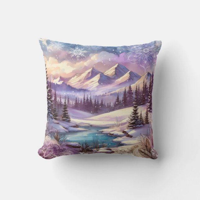 Coussin Wonderland d'hiver Motifs de Nature Mountain Lake (Recto)