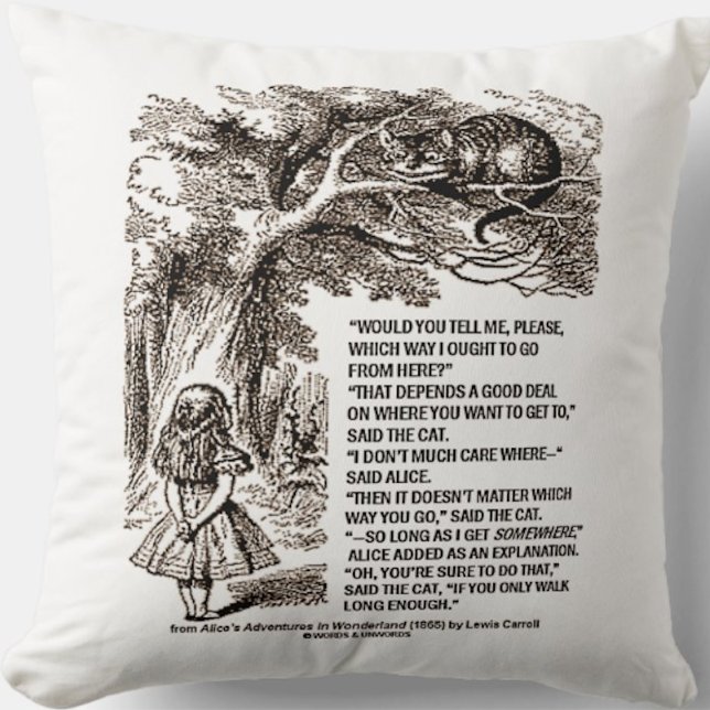 Coussin Wonderland Quelle Voie Je Devrais Aller Citer (Throw pillow featuring infamous conversation between Alice & Cheshire Cat for the directionless!)