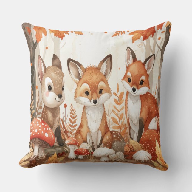 Coussin Woodland Animals Autumn - Fox Deer Rabbit Owl Mush (Recto)
