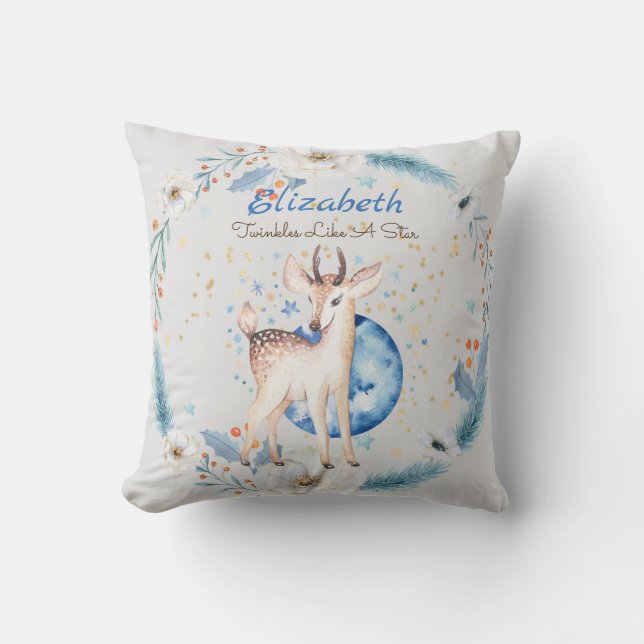 Coussin Woodland Deer Twinkle Stars Baby NAME Cadeau Flora (Recto)