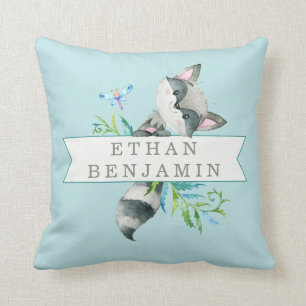 Coussin Woodland Raccoon Aqua Personnalisé