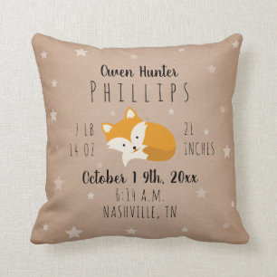 Coussin Woodland Stars Sleepy Fox Birth Stats Nursery