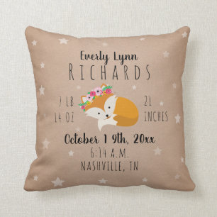 Coussin Woodland Stars Sleepy Fox Girl Birth Stats Nursery