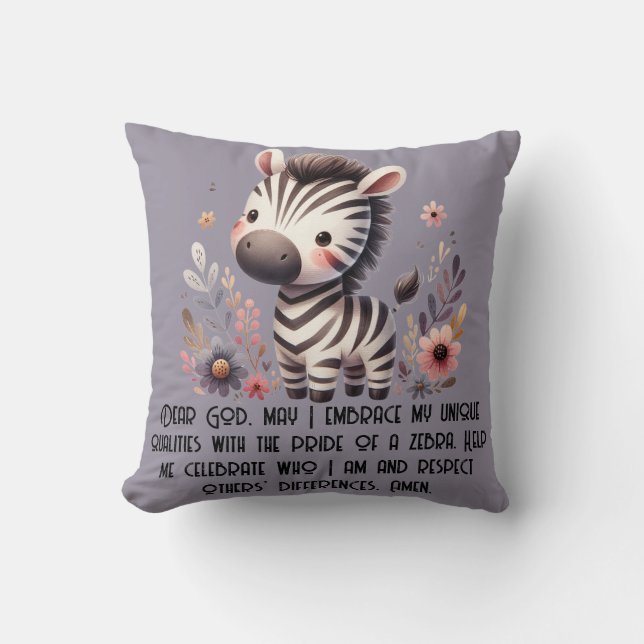 Coussin Woodland Zebra Kids Prière chrétienne sur violet | (Recto)
