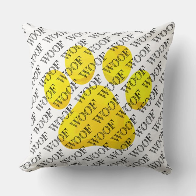 Coussin WOOF Typographie Chien Empreinte de patte Moderne  (Recto)