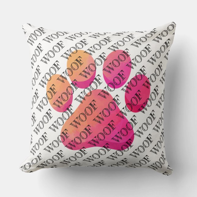 Coussin WOOF Typographie Chien Empreinte de patte Moderne  (Recto)