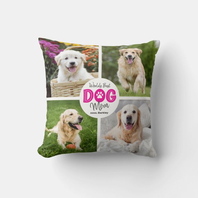Coussin World’s Best Dog Mom Custom 4 Photo Pink on White (Recto)