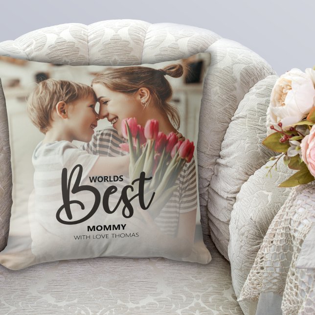 Coussin Worlds Best Mommy Photo with White Writing (Créateur téléchargé)