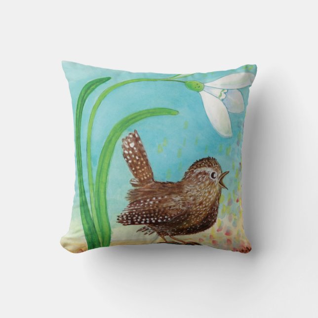 Coussin Wren Bird chante à l'aube Au printemps (Recto)