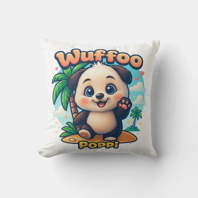 Coussin Wuffoo Poppi Chiot Mignon Kawaii Île Tropicale  (Recto)
