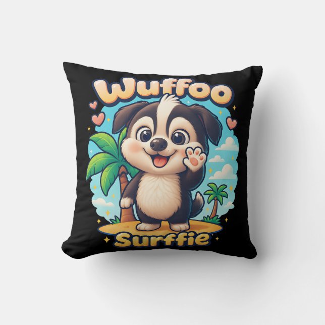 Coussin Wuffoo Surffie Chiot Mignon Kawaii Île Tropicale (Recto)