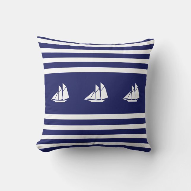 Coussin Yachts Modernes sur Rayures Bleues et Blanches (Recto)